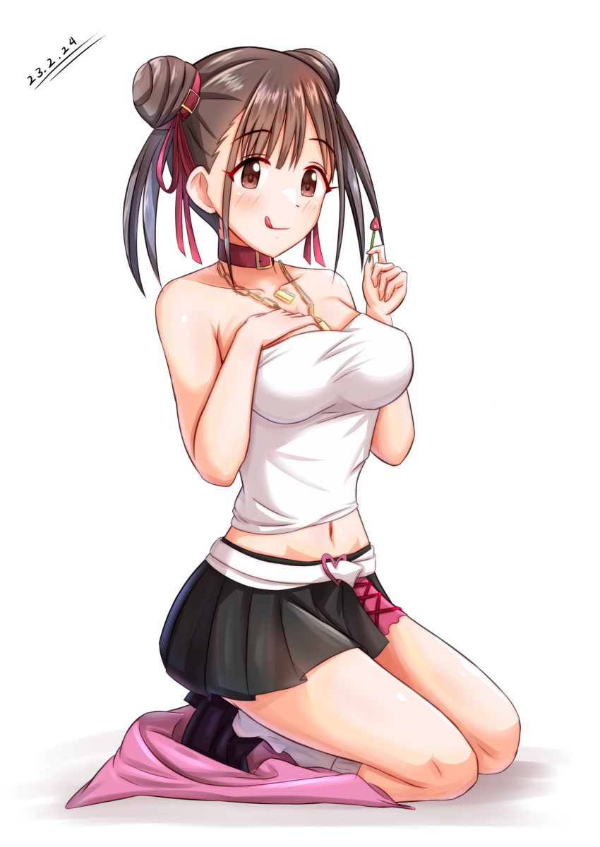 1girl, :q, absurdres, bare_arms, bare_shoulders, black_shoes, black_skirt, breasts, brown_eyes, brown_hair, choker, cobbedcorn, commentary_request, double_bun, hair_bun, highres, idolmaster, idolmaster_shiny_colors, jewelry, large_breasts, long_hair, looking_at_viewer, midriff, miniskirt, navel, necklace, pleated_skirt, red_choker, seiza, shoes, simple_background, sitting, skirt, solo, sonoda_chiyoko, strapless, thighs, tongue, tongue_out, tube_top, white_background