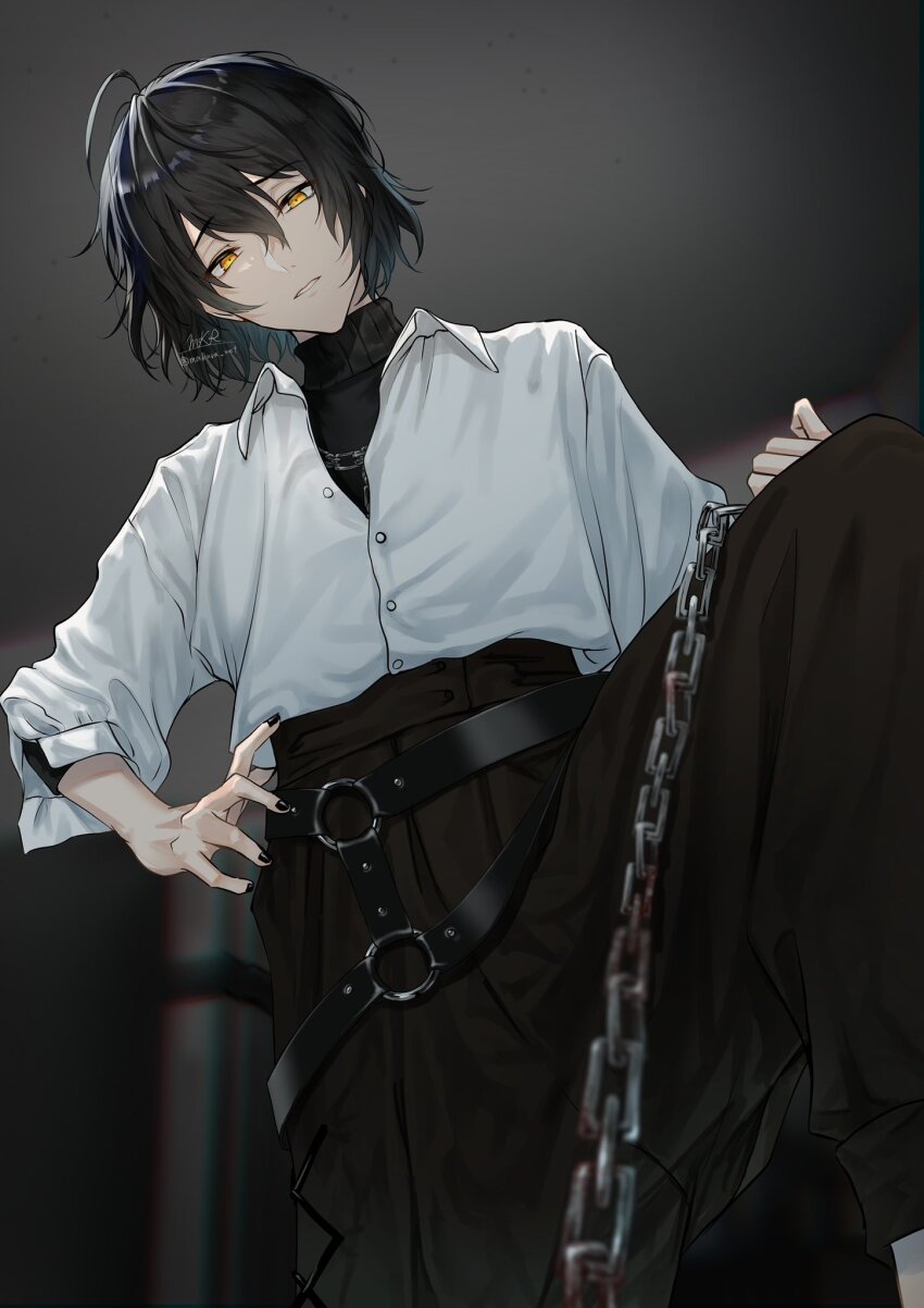 1boy, bdsm, belt, bishounen, black_hair, black_nails, chain, chain_leash