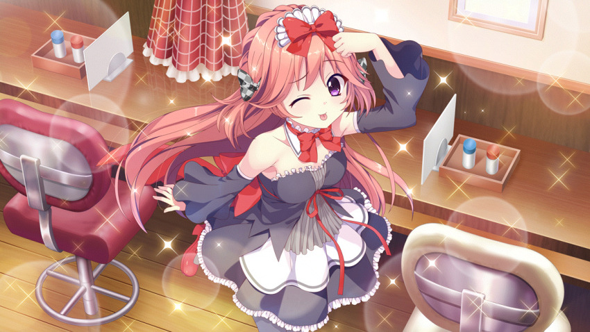 1girl, alternate_costume, bare_shoulders, black_dress, black_skirt, black_sleeves, bow, bowtie