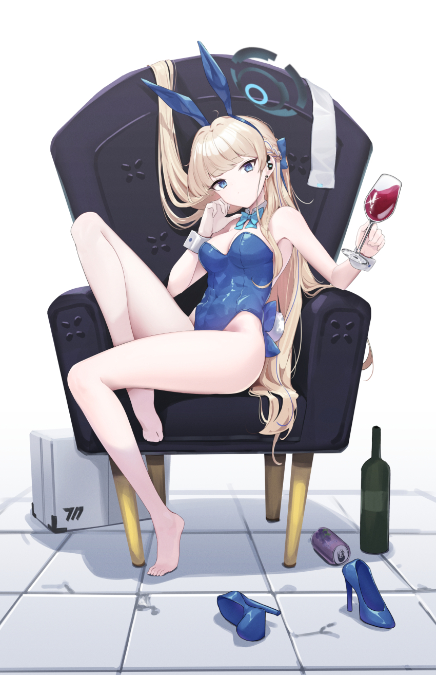 1girl, animal_ears, aqua_bow, aqua_bowtie, bare_shoulders, barefoot, blonde_hair, blue_archive