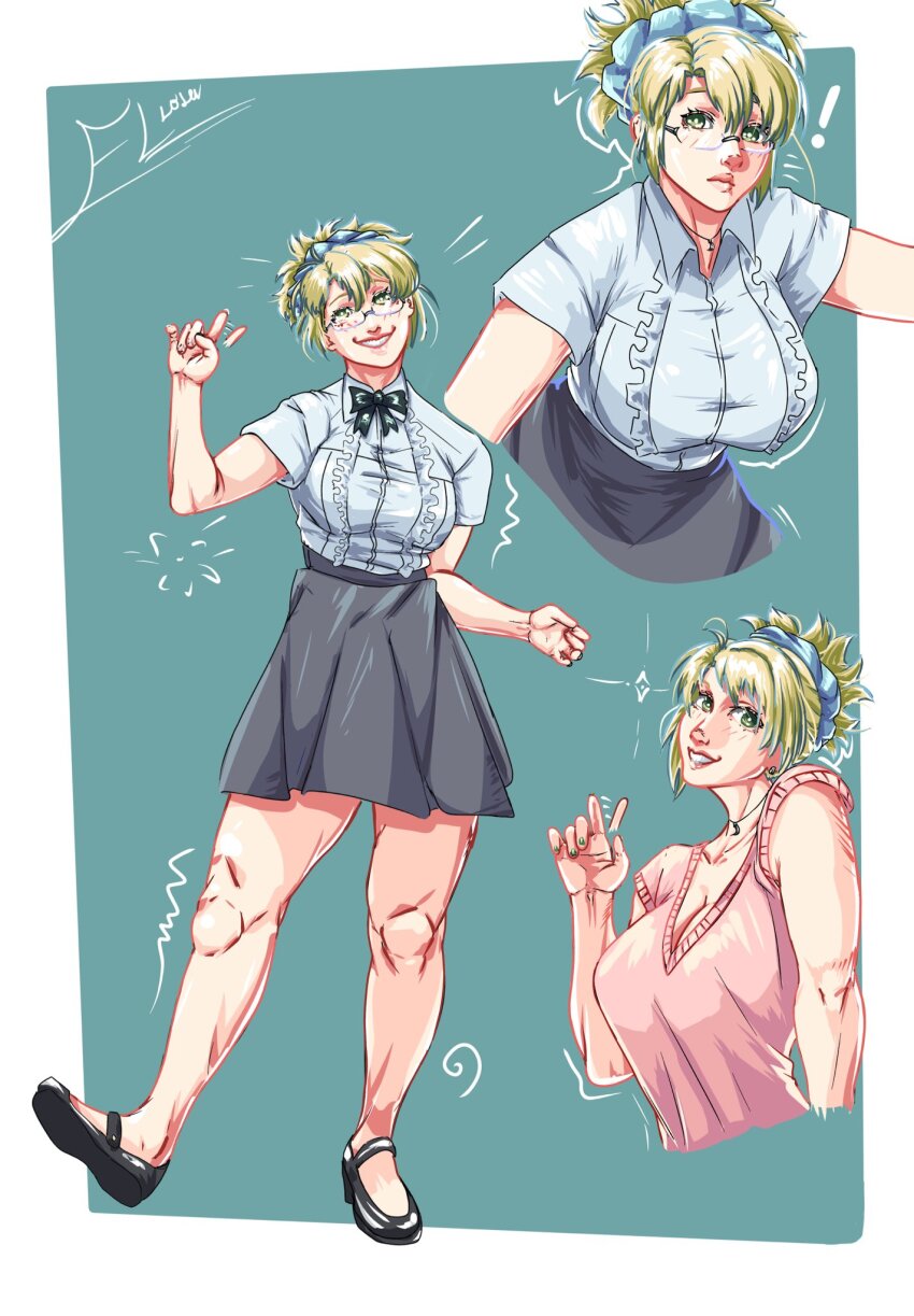 !, 1girl, bare_shoulders, black_bow, black_bowtie, black_footwear, black_skirt, blonde_hair, boku_to_misaki-sensei, bow, bowtie, breasts, bright_pupils, cleavage, elloser2, female_focus, finger_up, fingernails, frills, full_body, glasses, green_background, green_eyes, green_nails, highres, large_breasts, leaning_forward, legs, misaki-sensei, multiple_views, nail_polish, pink_shirt, shiny_clothes, shiny_skin, shirt, short_hair, short_sleeves, skirt, standing, thick_thighs, thighs, white_pupils, white_shirt