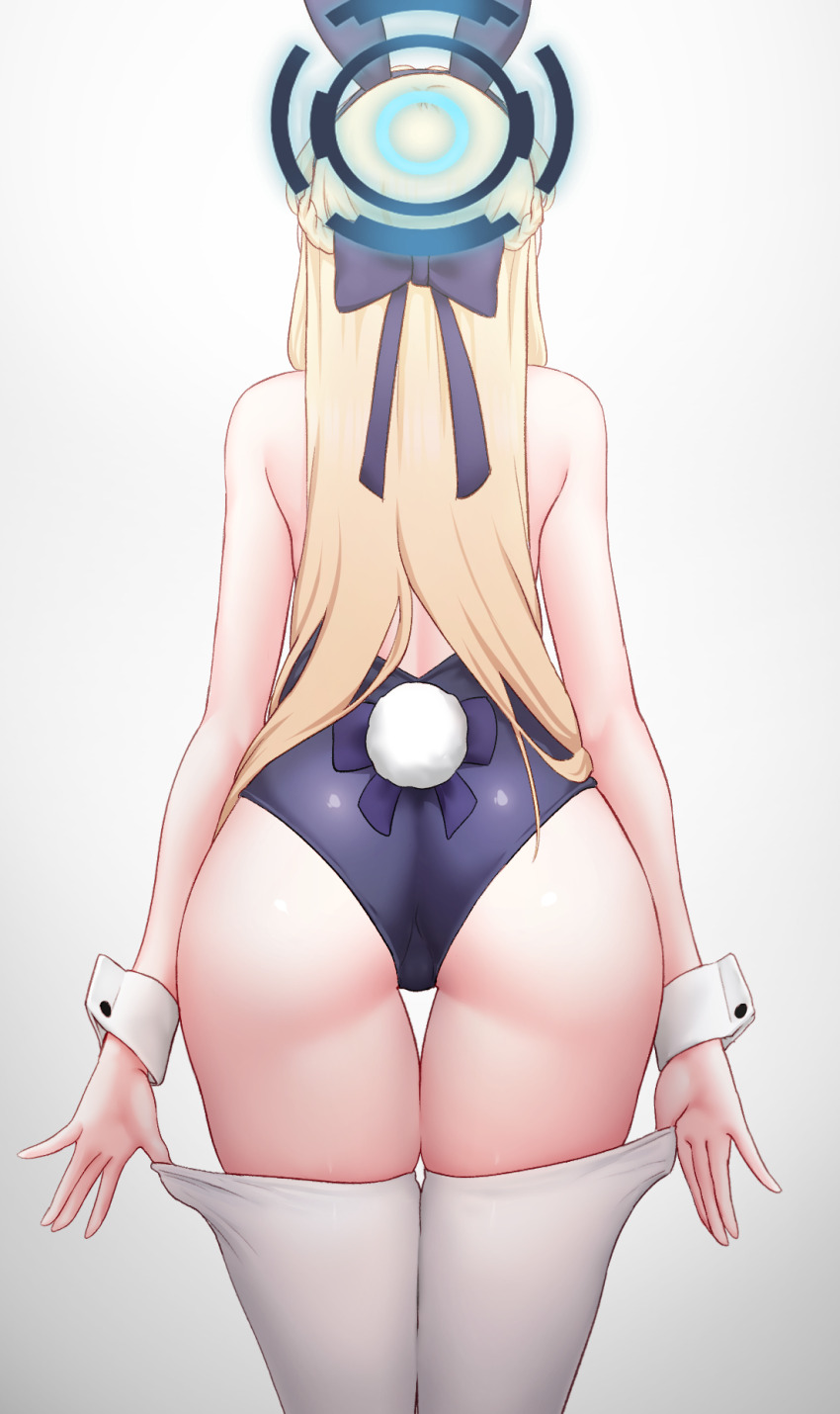 1girl, animal_ears, ass, bare_arms, bare_shoulders, blonde_hair, blue_archive, blue_leotard