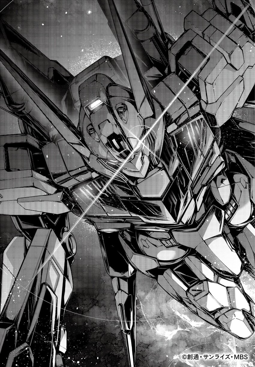 absurdres, glint, glowing, glowing_eye, greyscale, gun, gundam, gundam_lfrith