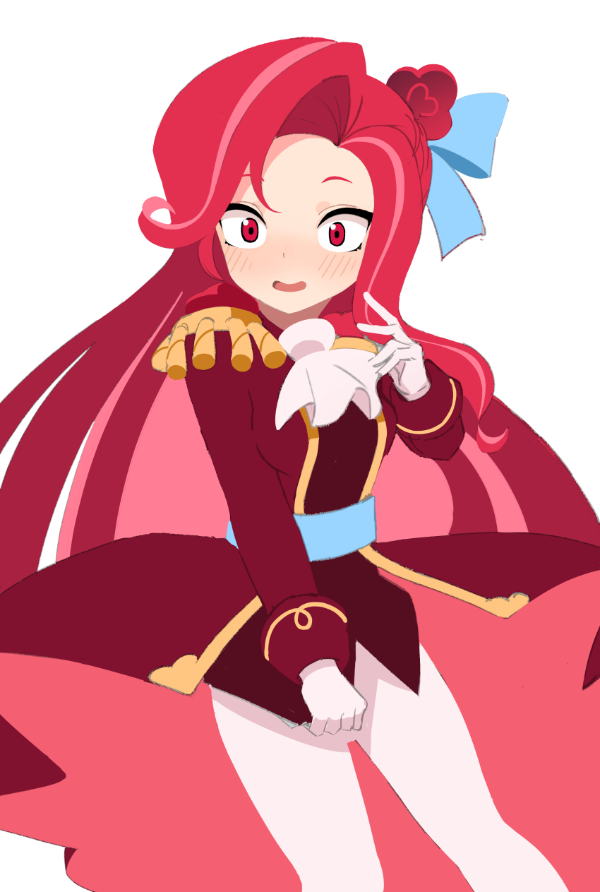 >:), 1girl, :3, absurdres, arm_behind_back, ascot, blurry, boots, collared_shirt, commentary_request, cookie_run, cookie_run:_kingdom, curly_hair, depth_of_field, dress_shirt, epaulettes, hair_ornament, half_updo, highres, holding, holding_weapon, humanization, jacket, kneeling, long_sleeves, looking_at_viewer, pants, peppi_(dzuz5583), petals, pink_hair, rapier, raspberry_cookie, red_eyes, red_jacket, red_shirt, shirt, simple_background, solo, surprised, sword, tight_clothes, tight_pants, v-shaped_eyebrows, weapon, white_background, white_boots, white_pants