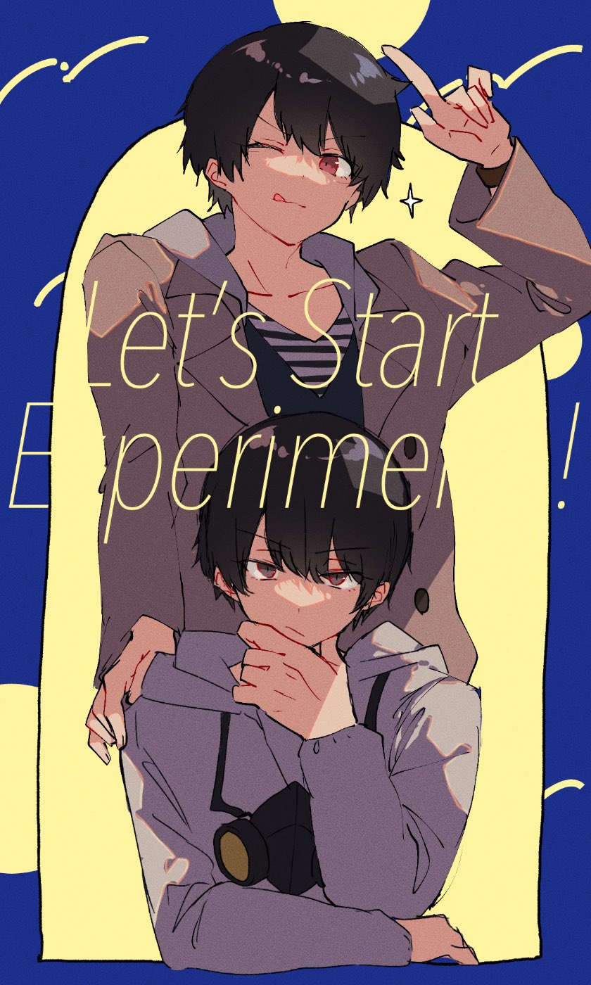 2boys, black_hair, blue_background, brown_eyes, ebony_nightmare, english_text, gas_mask, hand_on_another's_shoulder, hand_on_own_chin, hazmat_suit, highres, index_finger_raised, kamen_rider, kamen_rider_build_(series), katsuragi_takumi, kiryuu_sento, long_coat, male_focus, mask, multiple_boys, one_eye_closed, red_eyes, scientist, spoilers, tongue, tongue_out, two-tone_background, yellow_background