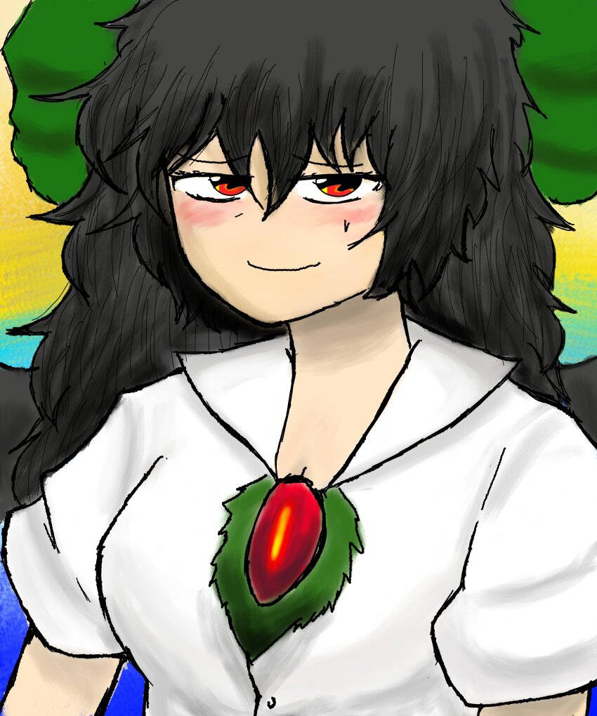 absurdres, black_hair, gradient_background, green_ribbon, hair_between_eyes, highres, red_eyes, reiuji_utsuho