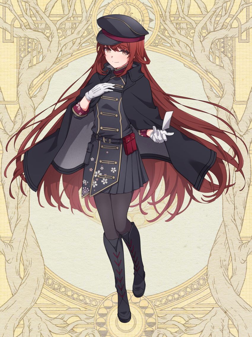 1girl, belt, black_boots, black_cape, black_headwear, black_pantyhose, black_skirt, boots