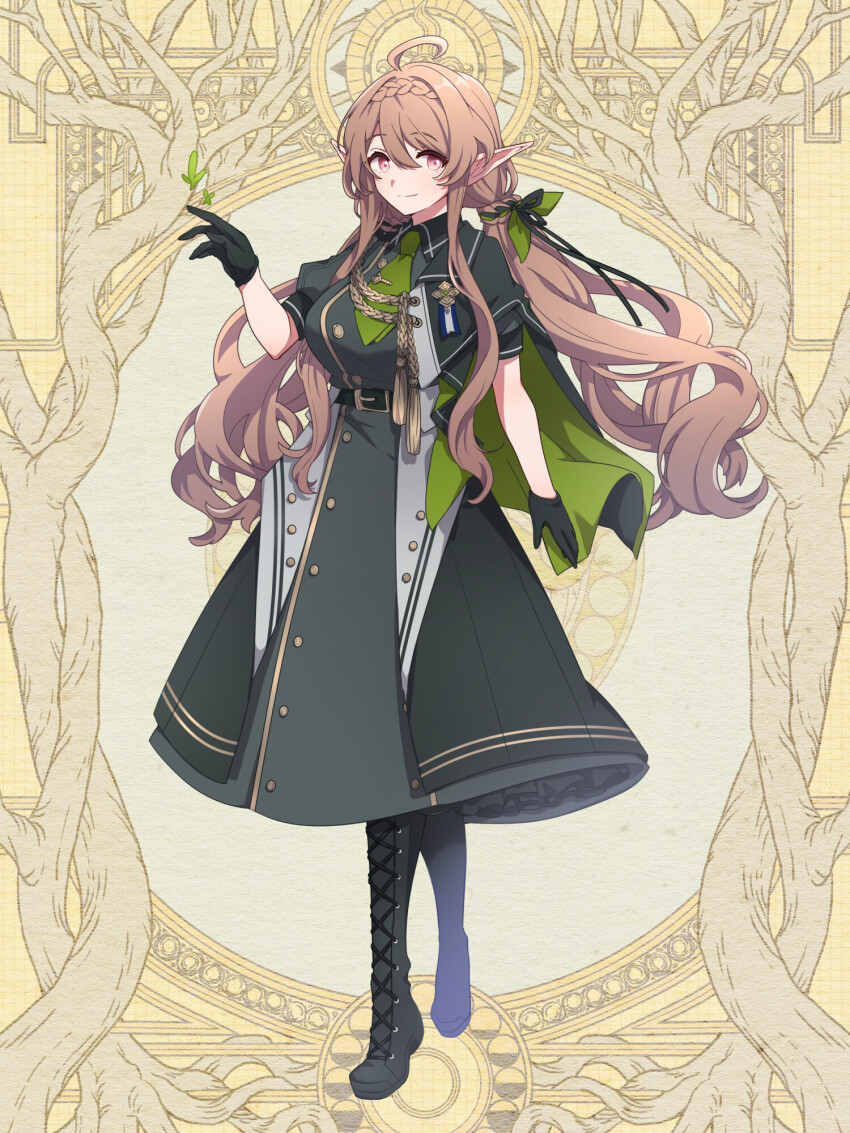 1girl, ahoge, aiguillette, black_dress, black_footwear, black_gloves, braid, breasts, brown_hair, bug, butterfly, cross-laced_footwear, dairoku_ryouhei, dress, full_body, gloves, green_butterfly, green_necktie, hair_between_eyes, hair_ribbon, highres, insect, long_hair, medium_breasts, misaki_oriai, necktie, pointy_ears, red_eyes, ribbon, short_sleeves, solo, sowa_(tw6), yellow_background