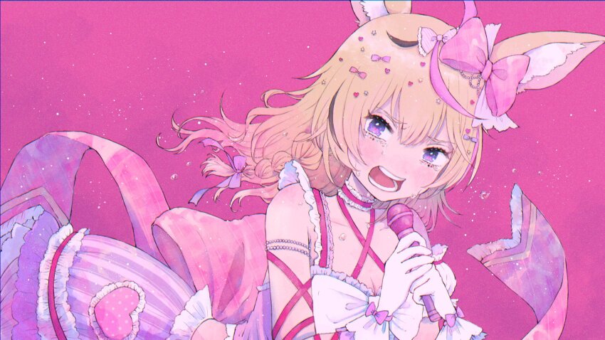 1girl, alternate_costume, alternate_hairstyle, animal_ear_fluff, animal_ears, armlet, black_hair, blonde_hair, bow, braid, breasts, collarbone, commentary_request, crying, crying_with_eyes_open, double-parted_bangs, dress, facial_mark, fox_ears, fox_girl, frilled_cuffs, frilled_dress, frills, glove_bow, gloves, hair_between_eyes, hair_bow, heart, heart-shaped_pupils, highres, holding, holding_microphone, hololive, jewelry, looking_at_viewer, loser_girl_(tuyu), maumauma_mau, medium_hair, microphone, multicolored_hair, multiple_hair_bows, music, omaru_polka, open_mouth, pink_background, pink_bow, pink_dress, pink_hair, purple_eyes, simple_background, singing, small_breasts, solo, streaked_hair, striped_clothes, striped_dress, sweat, symbol-shaped_pupils, tears, teeth, vertical-striped_clothes, vertical-striped_dress, virtual_youtuber, white_gloves, wrist_cuffs