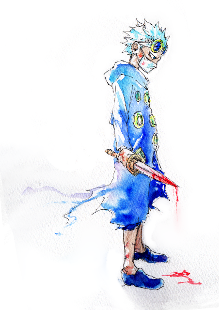 1boy, aged_down, blood, bloody_knife, blue_coat, blue_hair, coat, full_body