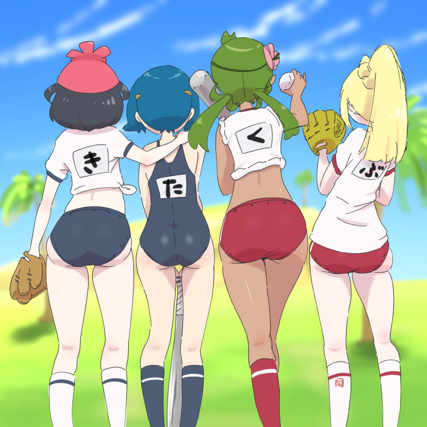 4girls, ass, black_hair, blonde_hair, blue_buruma, blue_hair, blue_one-piece_swimsuit, blue_school_swimsuit, blue_sky, blue_socks, buruma, curvy, day, feet_out_of_frame, green_hair, gym_shirt, gym_uniform, highres, huge_ass, kneehighs, lana_(pokemon), lillie_(pokemon), mallow_(pokemon), microsd_(pibo), midriff, multiple_girls, name_tag, nintendo, one-piece_swimsuit, pokemon, pokemon_sun_and_moon, ponytail, red_buruma, red_socks, school_swimsuit, selene_(pokemon), shirt, short_sleeves, sky, socks, softball, swimsuit, tied_shirt, white_shirt, white_socks, wide_hips