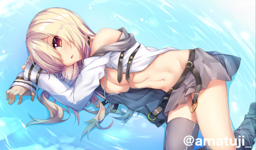 1girl, 9-nine-, amatsuji, arm_support, bare_shoulders, blonde_hair, bloom, blush