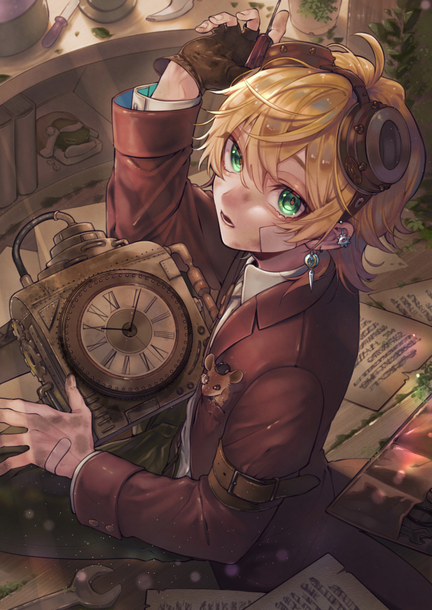 1boy, absurdres, bag, bandaid, bandaid_on_hand, barbell_piercing, blonde_hair, bolo_tie