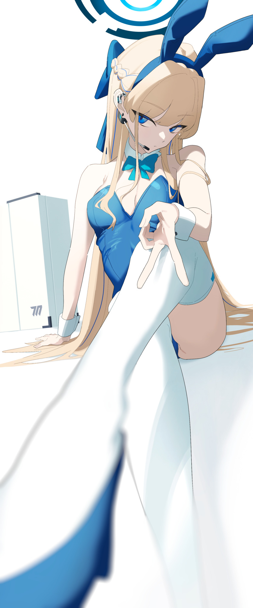 1girl, absurdres, animal_ears, arm_up, bare_shoulders, blonde_hair, blue_archive, blue_bow, blue_eyes, blue_hairband, blue_leotard, blue_shoes, bow, braid, closed_mouth, commentary_request, covered_navel, foreshortening, groin, hairband, head_tilt, high_heels, highres, knee_up, leotard, long_hair, looking_at_viewer, no3coral, official_alternate_costume, playboy_bunny, rabbit_ears, shoes, simple_background, sitting, solo, strapless, strapless_leotard, thighhighs, toki_(blue_archive), toki_(bunny)_(blue_archive), v, very_long_hair, white_background, white_thighhighs, wrist_cuffs
