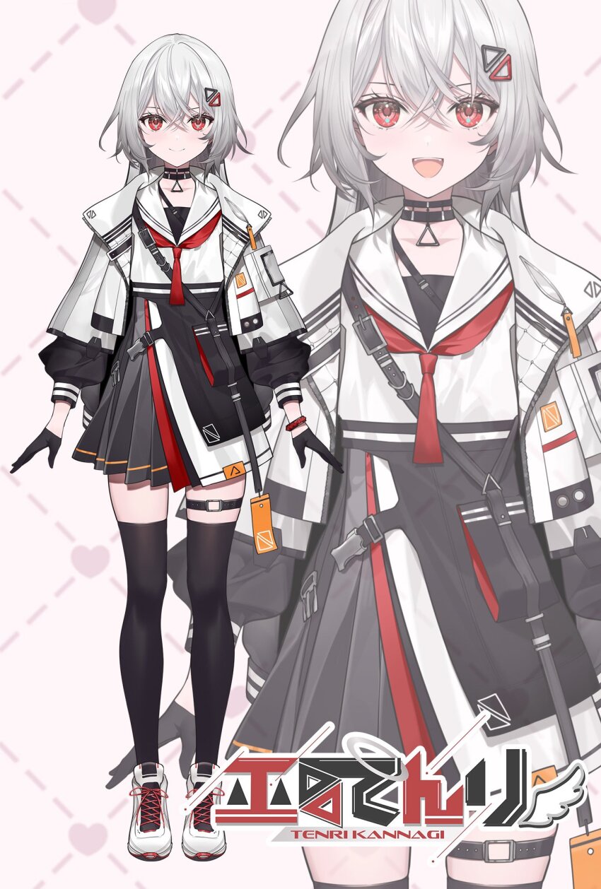 1girl, :d, black_choker, choker, gloves, grey_hair, grey_jacket, hair_between_eyes, hair_ornament, highres, indie_virtual_youtuber, jacket, kannagi_tenri, long_hair, looking_at_viewer, necomi, open_mouth, red_eyes, sailor_collar, smile, triangle_hair_ornament, virtual_youtuber
