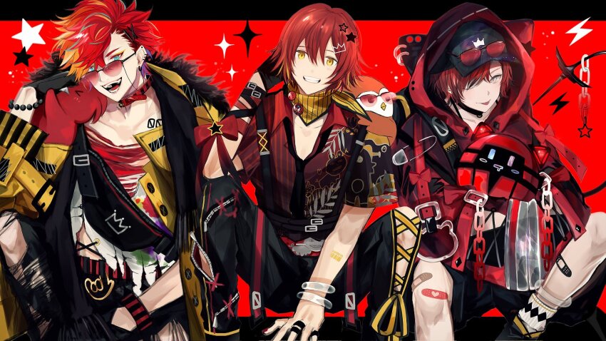 3boys, :d, ;p, alternate_costume, animal, animal_hood, animal_on_shoulder, anklet