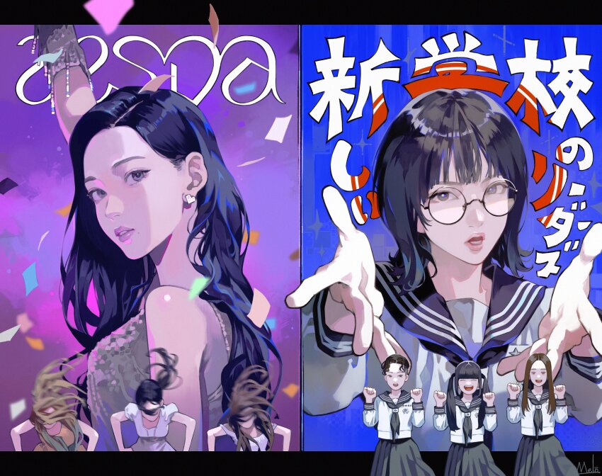 6+girls, absurdres, aespa, atarashii_gakkou_no_leaders, bare_shoulders, black_hair, black_skirt, confetti, crossover, dress, earrings, giselle_(aespa), glasses, heart, heart_earrings, highres, jewelry, k-pop, kanon_(atarashii_gakkou_no_leaders), karina_(aespa), kyuuba_melo, long_hair, mizyu_(atarashii_gakkou_no_leaders), multiple_girls, ningning_(aespa), parted_lips, real_life, rin_(atarashii_gakkou_no_leaders), round_eyewear, sailor_collar, school_uniform, shirt, short_hair, skirt, sunglasses, suzuka_(atarashii_gakkou_no_leaders), translation_request, white_dress, white_shirt, winter_(aespa)