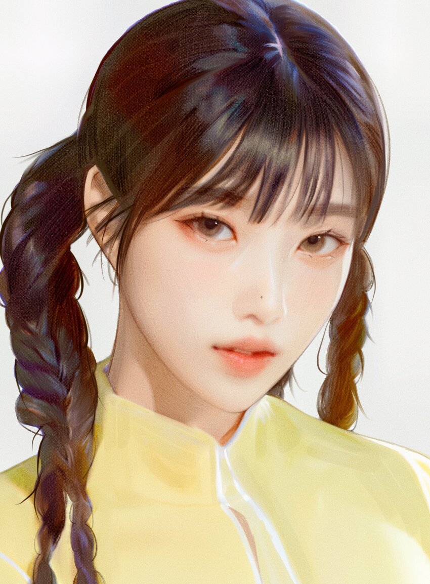 1girl, absurdres, braid, brown_eyes, grey_background, hair_behind_ear, highres, joy_(red_velvet)
