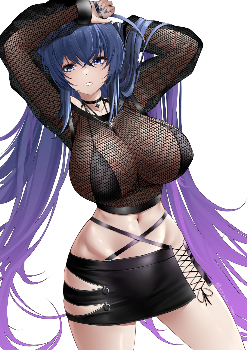 1girl, absurdres, arms_up, azur_lane, bikini, bikini_under_clothes, black_bikini, black_choker, black_skirt, blue_eyes, blue_hair, blue_nails, breasts, choker, cleavage, clothing_cutout, collarbone, commentary, covered_erect_nipples, cowboy_shot, crop_top, fingernails, fishnet_top, fishnets, groin, hair_between_eyes, hair_intakes, highres, irkawaza, jewelry, large_breasts, long_fingernails, long_hair, looking_at_viewer, midriff, miniskirt, navel, necklace, new_jersey_(azur_lane), official_alternate_costume, parted_lips, see-through_clothes, see-through_cleavage, see-through_shirt, shirt, side_cutout, sidelocks, simple_background, skirt, solo, standing, swimsuit, twitter_username, very_long_hair, white_background, zozotown