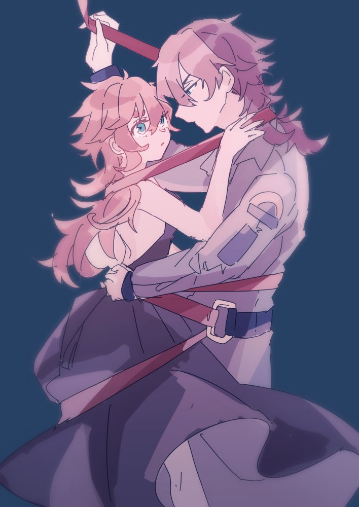 1boy, 1girl, backless_dress, backless_outfit, black_dress, blue_background, blue_eyes, breasts