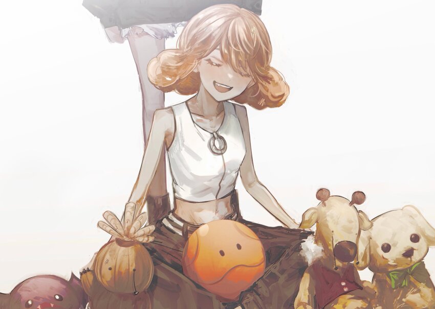 2girls, 2u444, blush, breasts, brown_hair, clenched_hands, collarbone, crop_top