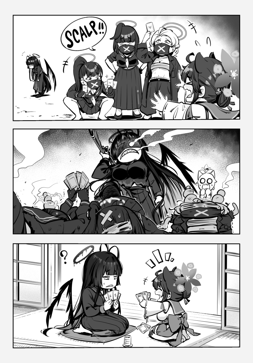 >_<, 3koma, 5girls, :<, ?, ahoge, animal_ears, blue_archive, card, chest_sarashi, chibi, comic, commentary_request, cup, delinquent, english_text, frown, greyscale, grimace, gun, halo, head_bump, highres, holding, holding_card, holding_gun, holding_weapon, kaede_(blue_archive), long_skirt, mask, matoba_ryou, miniskirt, monochrome, mouth_mask, multiple_girls, multiple_head_bumps, open_mouth, pants, pleated_skirt, rescue, robbery, sarashi, seiza, sharp_teeth, shotgun, shouji, sitting, skirt, sliding_doors, smile, sukeban, sukeban_(mg)_(blue_archive), sukeban_(smg)_(blue_archive), sukeban_(sr)_(blue_archive), surgical_mask, tatami, tearing_up, teeth, trading_card, tsurugi_(blue_archive), weapon, yunomi