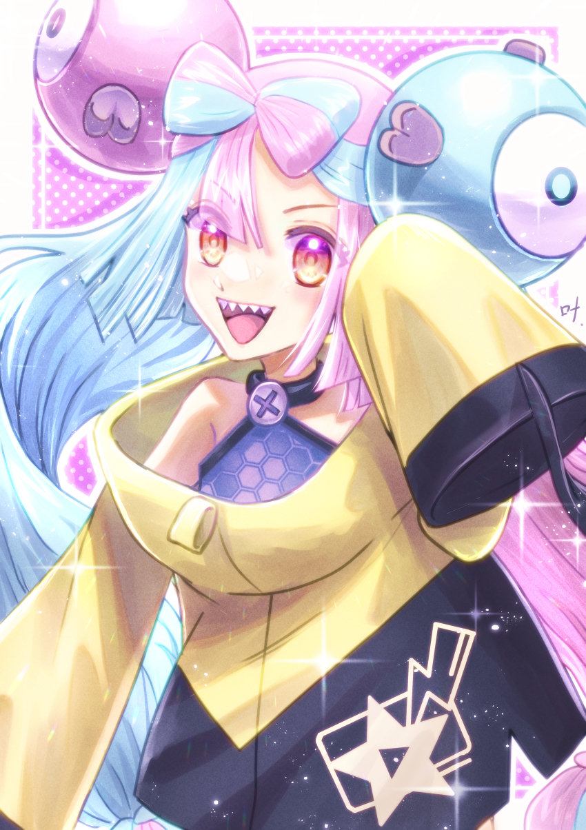 1girl, :d, absurdres, aqua_hair, character_hair_ornament, commentary_request, grey_shirt, hair_ornament