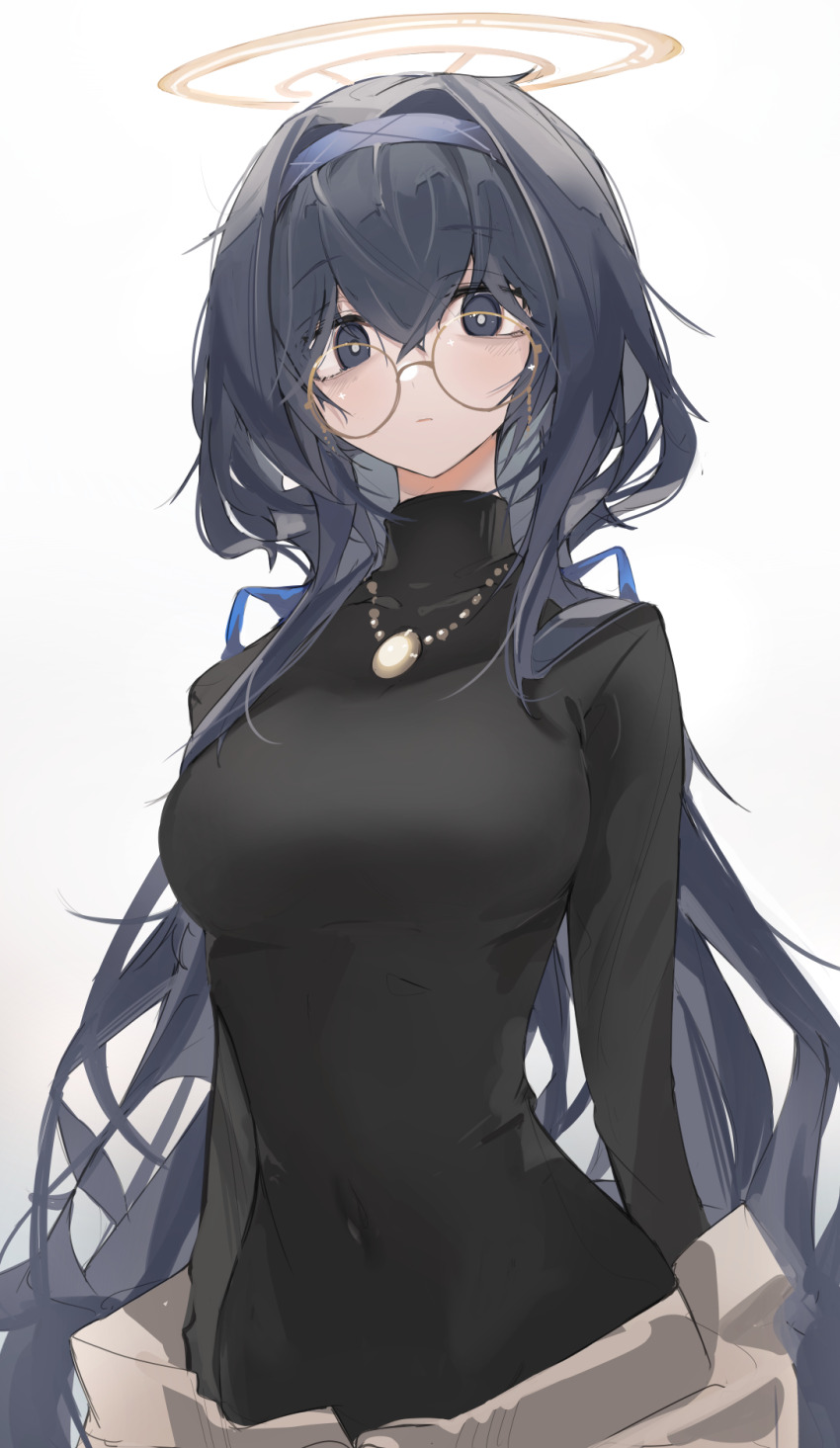 1girl, alternate_breast_size, bags_under_eyes, black_bodysuit, black_eyes, black_hair, blue_archive, bodysuit, breasts, bright_pupils, cardigan, cardigan_pull, covered_navel, glasses, grey_cardigan, hair_intakes, hair_ribbon, halo, highres, jewelry, long_hair, long_sleeves, looking_at_viewer, medium_breasts, mikozin, necklace, ribbon, round_eyewear, simple_background, solo, ui_(blue_archive), upper_body, very_long_hair, white_background