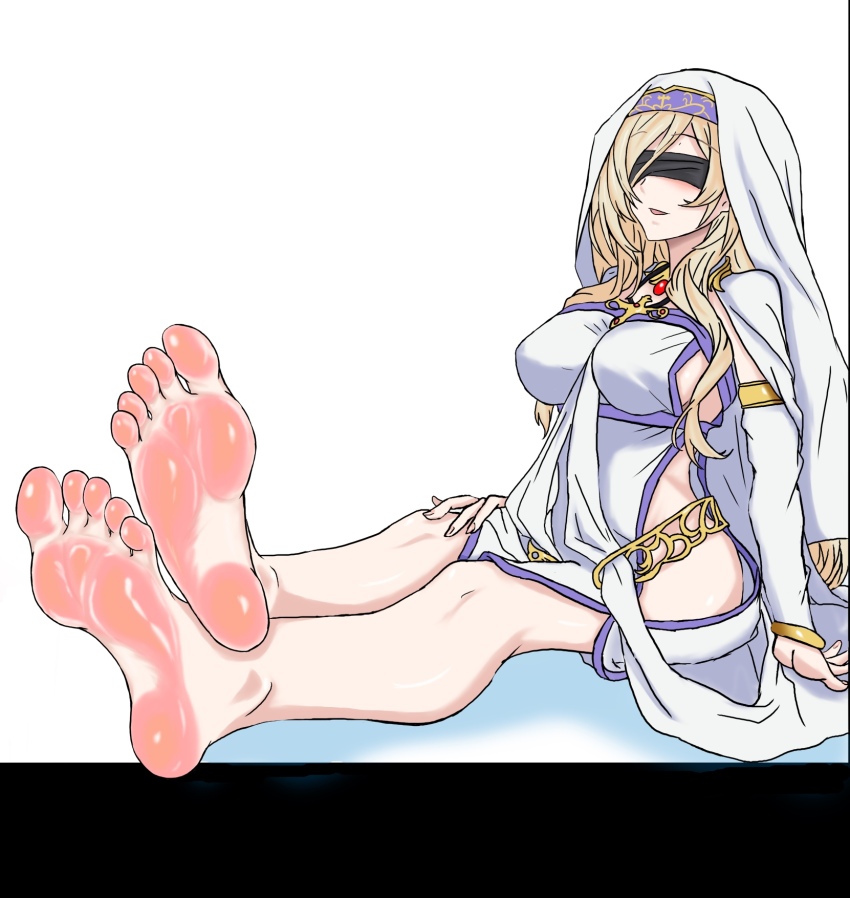 1girl, barefoot, blindfold, blonde_hair, blush, feet, foot_focus, goblin_slayer!