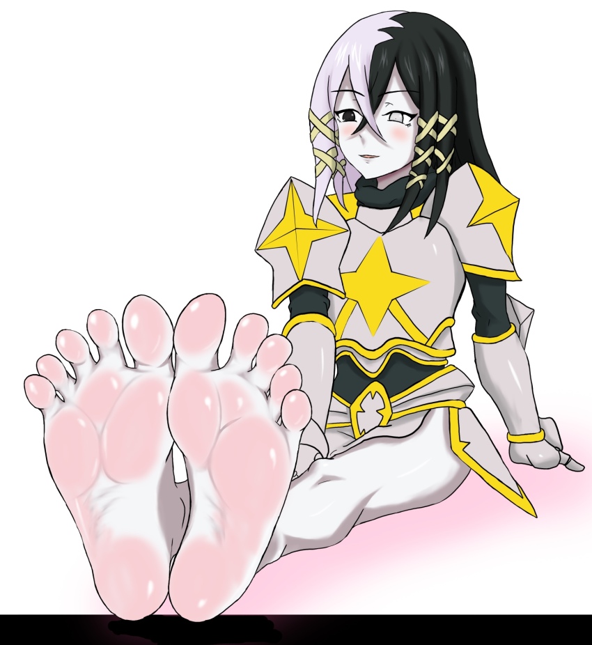 1girl, antilene_heran_fouche, armor, barefoot, black_eyes, black_hair, blush, feet