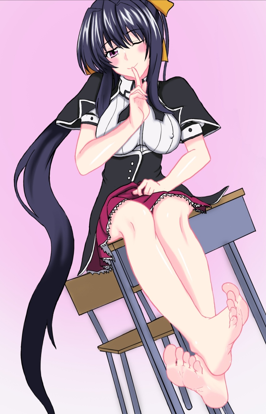 1girl, barefoot, black_hair, blush, desk, feet, finger_to_mouth, high_school_dxd, highres, himejima_akeno, long_hair, looking_at_viewer, one_eye_closed, ponytail, purple_eyes, qin_(artist), shushing, sitting, smile, soles, toes, wink