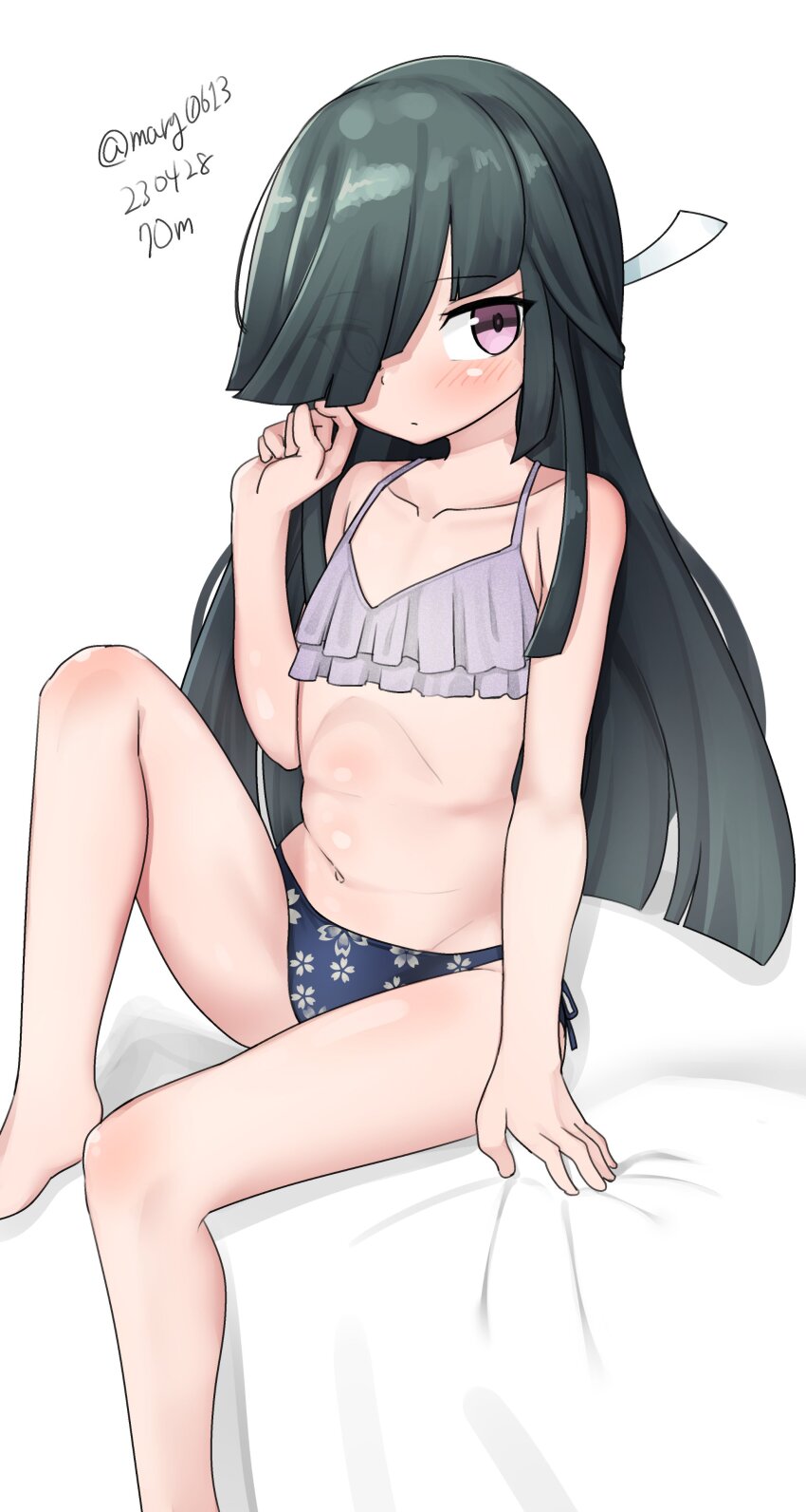absurdres, bikini, black_hair, cosplay, dated, feet_out_of_frame, flat_chest, floral_print