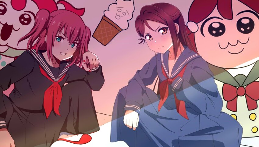 2girls, :3, absurdres, angry, black_serafuku, black_shirt, black_skirt, blue_eyes