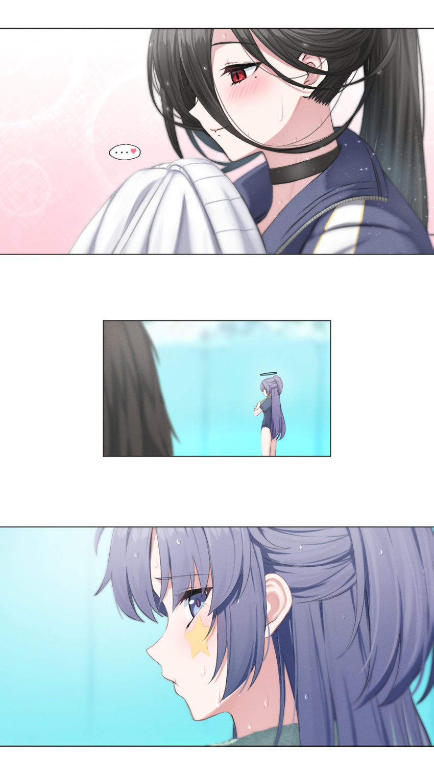 2girls, :t, absurdres, black_hair, blue_archive, blue_eyes, blue_hair, blush