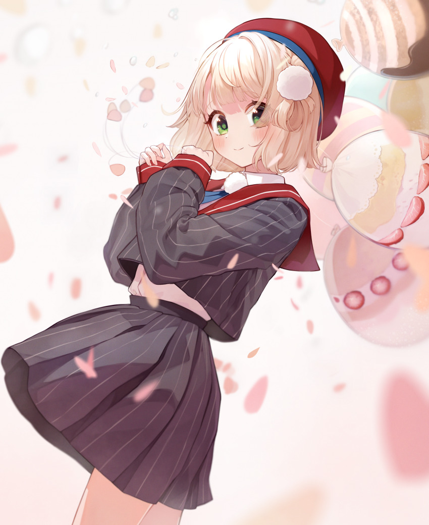 1girl, absurdres, beret, blonde_hair, blue_ribbon, blunt_bangs, blush, braid