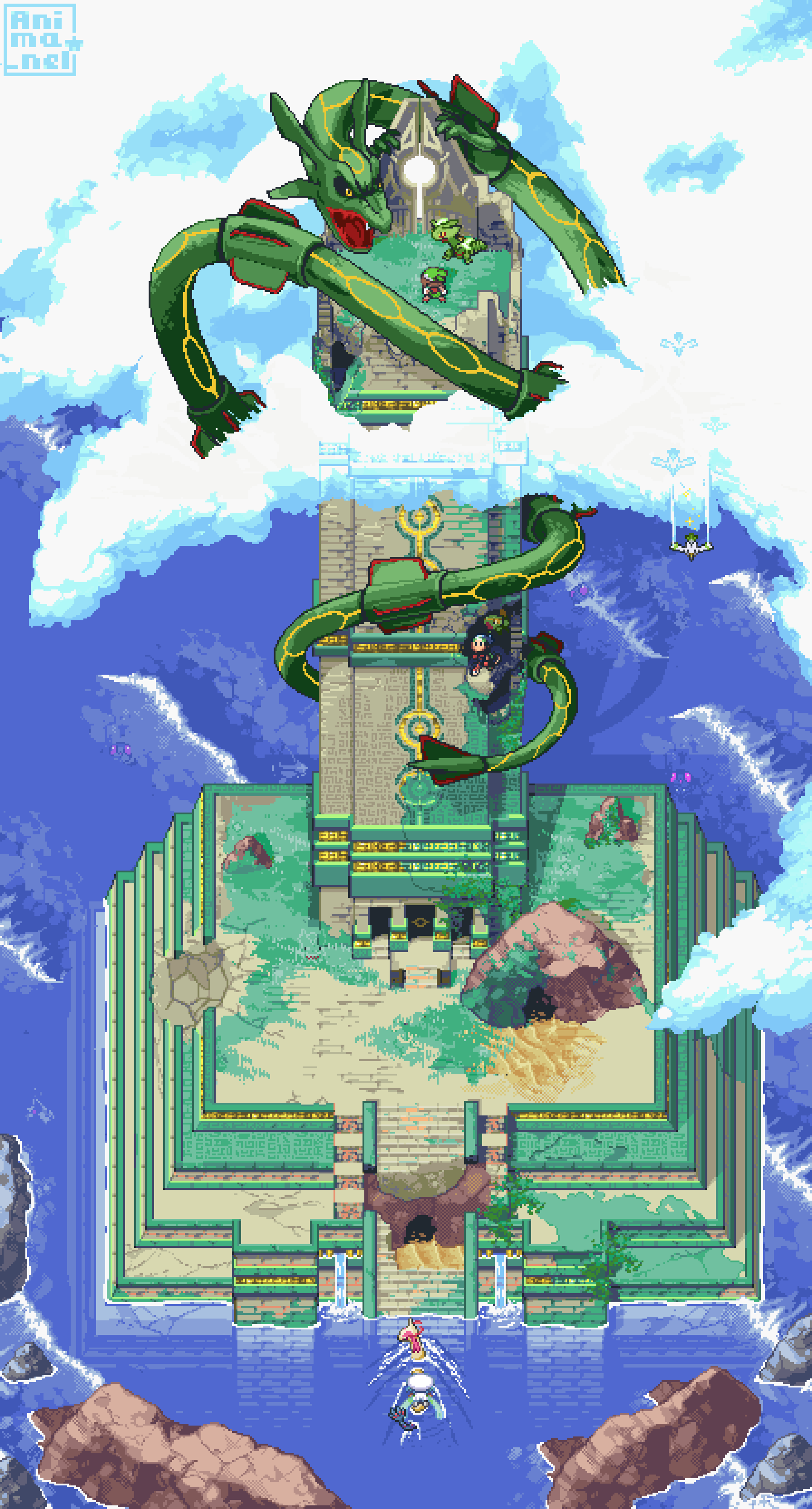 2boys, above_clouds, absurdres, alternate_color, anima_nel, beanie, bicycle, black_eyes, brendan_(pokemon), cape, cloud, day, dragon, eastern_dragon, gen_3_pokemon, green_hair, hat, highres, legendary_pokemon, looking_up, male_focus, milotic, mixed-language_commentary, multiple_boys, nintendo, outdoors, pixel_art, poke_ball_print, pokemon, pokemon_(creature), pokemon_emerald, pokemon_ruby/sapphire/emerald, rayquaza, riding, riding_bicycle, riding_pokemon, ripples, rock, sceptile, shiny_pokemon, sky_pillar, tower, wallace_(pokemon), water, waterfall, white_cape, white_headwear, wingull