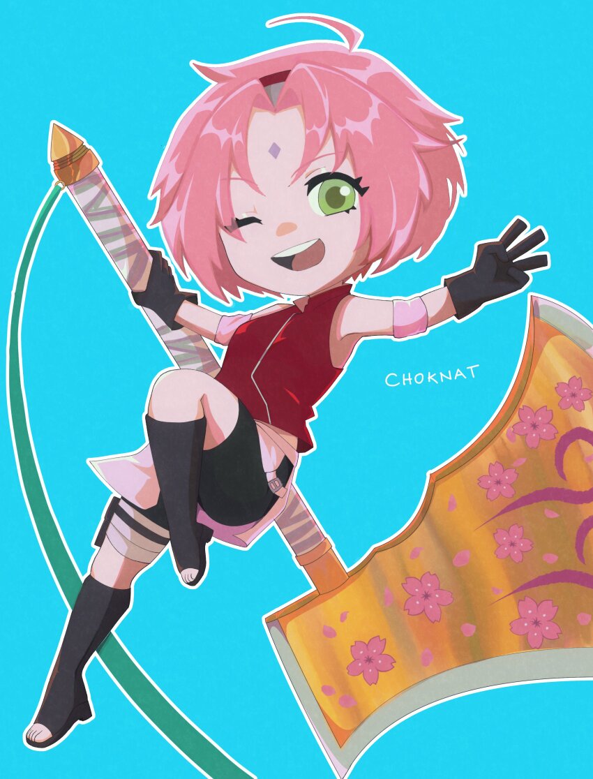 1girl, :d, absurdres, aqua_background, axe, bike_shorts, chibi, choknat