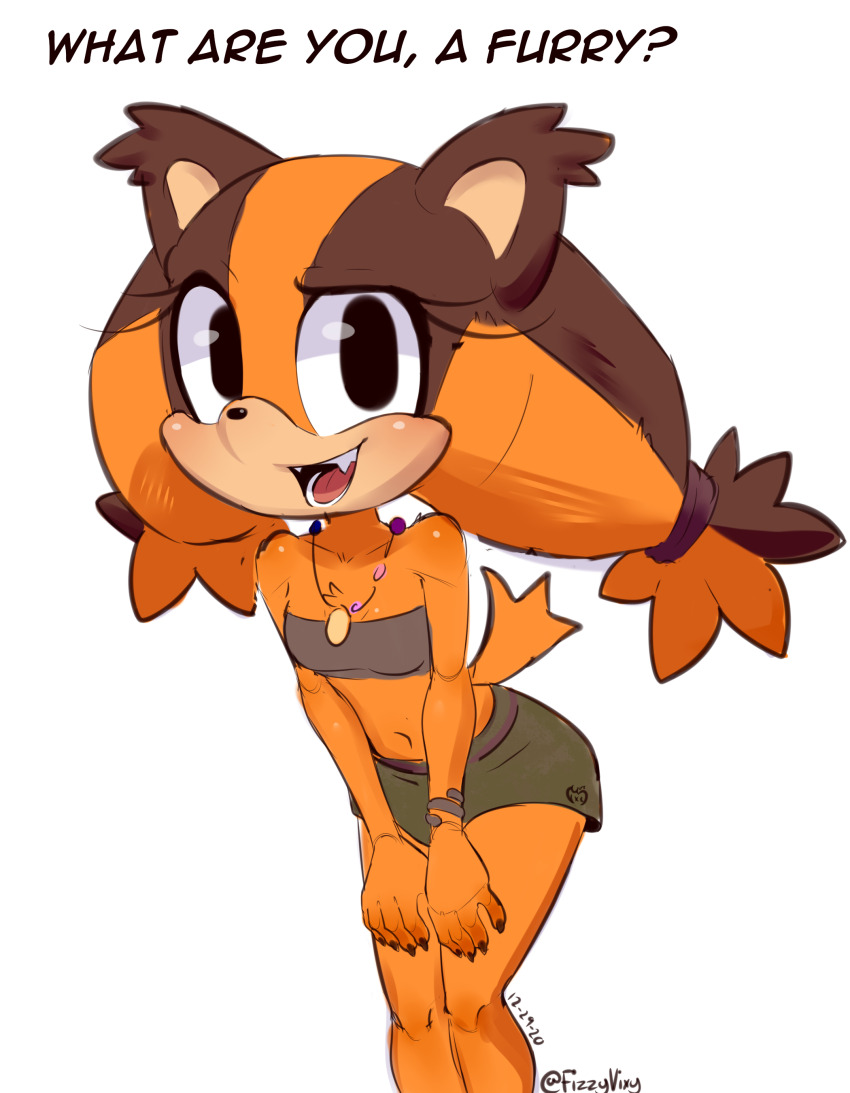 1girl, absurdres, animal_ears, animal_nose, artist_name, bandeau, bare_shoulders, black_eyes, body_fur, bracelet, brown_fur, brown_hair, collarbone, english_text, fangs, female_focus, furry, furry_(fandom), furry_female, green_skirt, grey_bandeau, hair_tie, hands_on_own_thighs, happy, highres, jewelry, leaning_forward, legs_together, long_hair, looking_at_viewer, midriff, miniskirt, multicolored_hair, navel, necklace, open_mouth, orange_fur, orange_hair, own_hands_together, raised_eyebrow, sideways_mouth, signature, sketch, skirt, smile, solo, sonic_(series), sticks_the_badger, stomach, tail, talking, teeth, tongue, twintails, twitter_username, two-tone_fur, two-tone_hair, v_arms, vixycore
