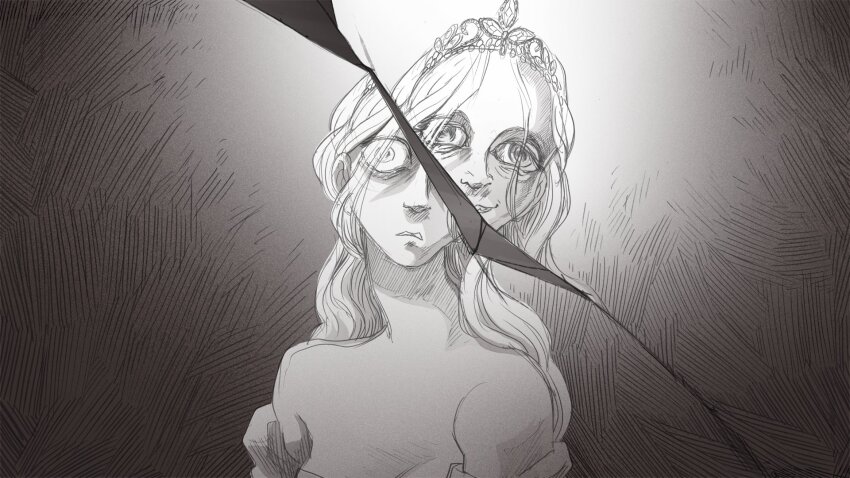 1girl, abby_howard, bare_shoulders, dress, dual_persona, grey_background, greyscale, highres