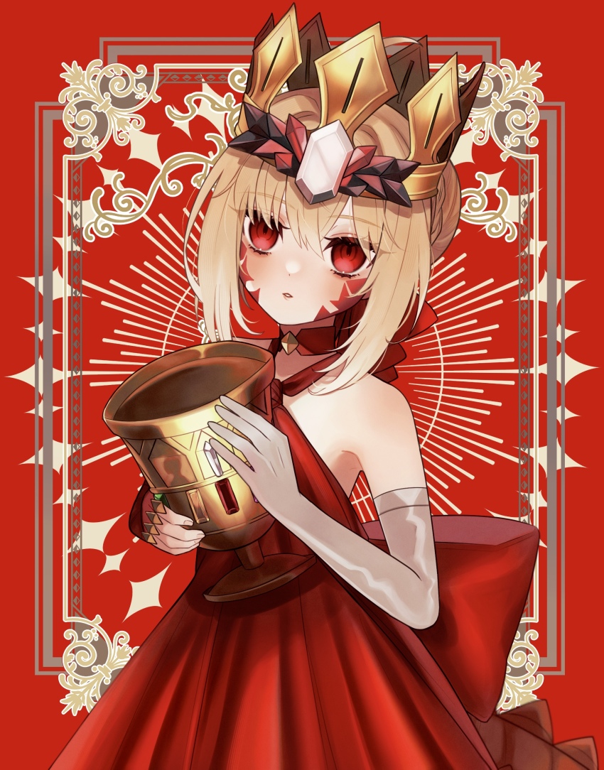 absurdres, blonde_hair, braid, breasts, choker, crown, dress, fate/grand_order, fate_(series), gloves, gold_crown, highres, holding, nero_claudius_(fate), noa_pisces, ornament, queen_draco_(fate), queen_draco_(first_ascension)_(fate), red_background, red_choker, red_dress, red_eyes, small_breasts, solo, white_gloves