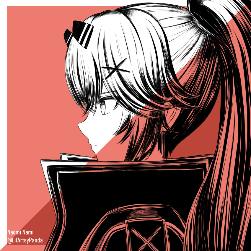 1girl, artist_name, from_side, hair_between_eyes, hair_ornament, highres, horns, jacket