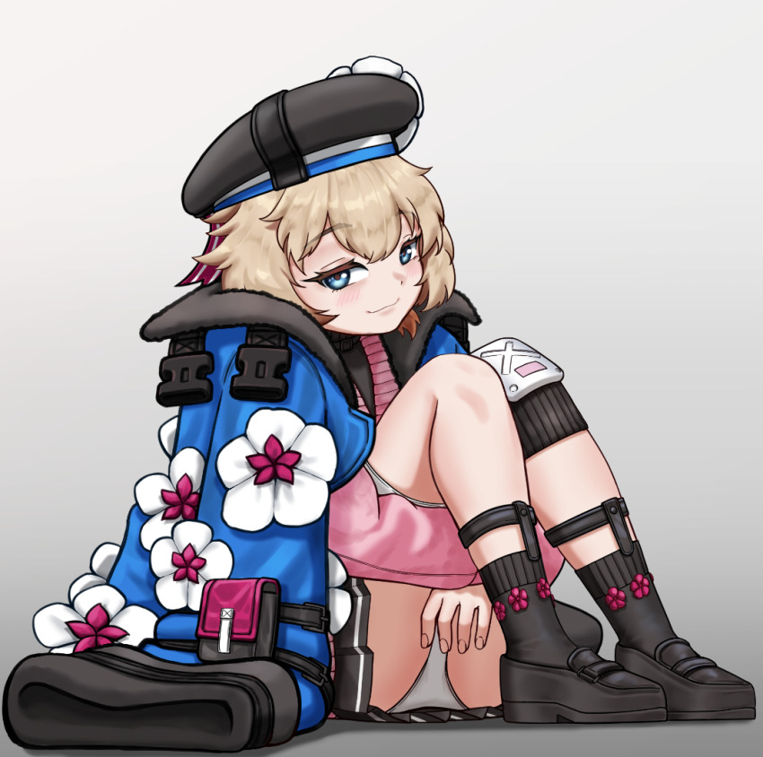 1girl, blonde_hair, blue_eyes, blush, cardigan, full_body, girls'_frontline, jacket, jatimatic_(girls'_frontline), knee_pads, loafers, looking_back, missileer, panties, pantyshot, pleated_skirt, shoes, short_hair, single_knee_pad, skirt, smile, solo, underwear, white_panties