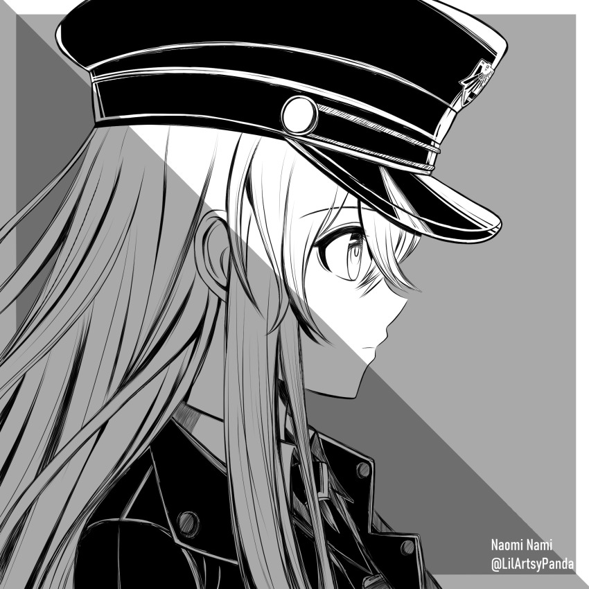 1girl, character_request, check_copyright, copyright_request, from_side, grey_background, grey_theme, hair_between_eyes, hat, highres, jacket, long_hair, military, military_hat, military_jacket, military_uniform, naomi_nami, punishing:_gray_raven, sidelocks