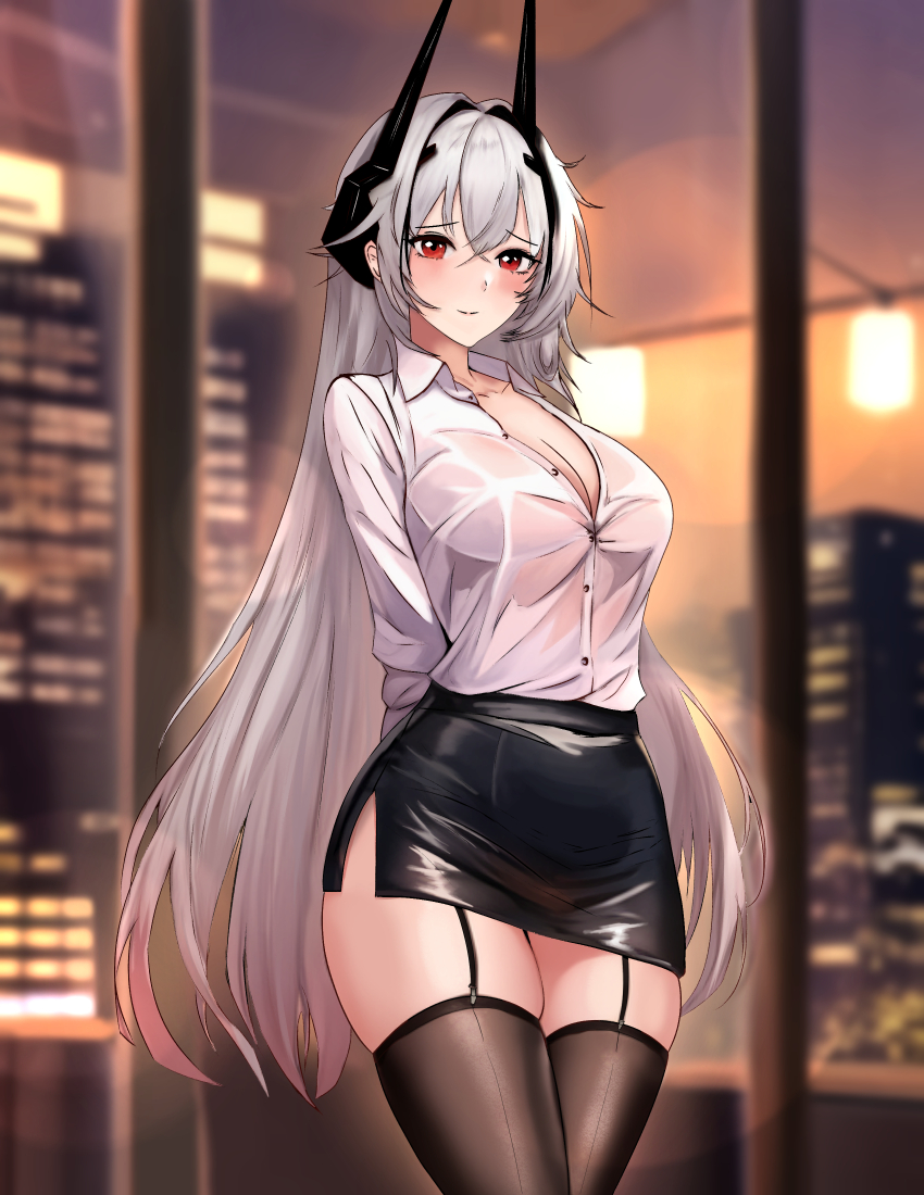 1girl, absurdres, alternate_costume, arms_behind_back, azur_lane, beefusteku, black_hair, black_skirt