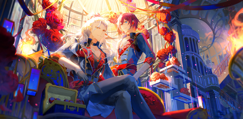 2boys, aqua_eyes, bishounen, closed_mouth, ensemble_stars!, flower, formal_clothes, glass