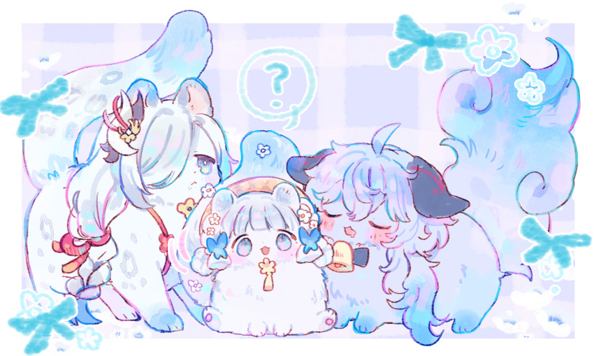 3girls, absurdres, ahoge, ayaka_(genshin_impact), bell, blush, braid, ganyu_(genshin_impact)