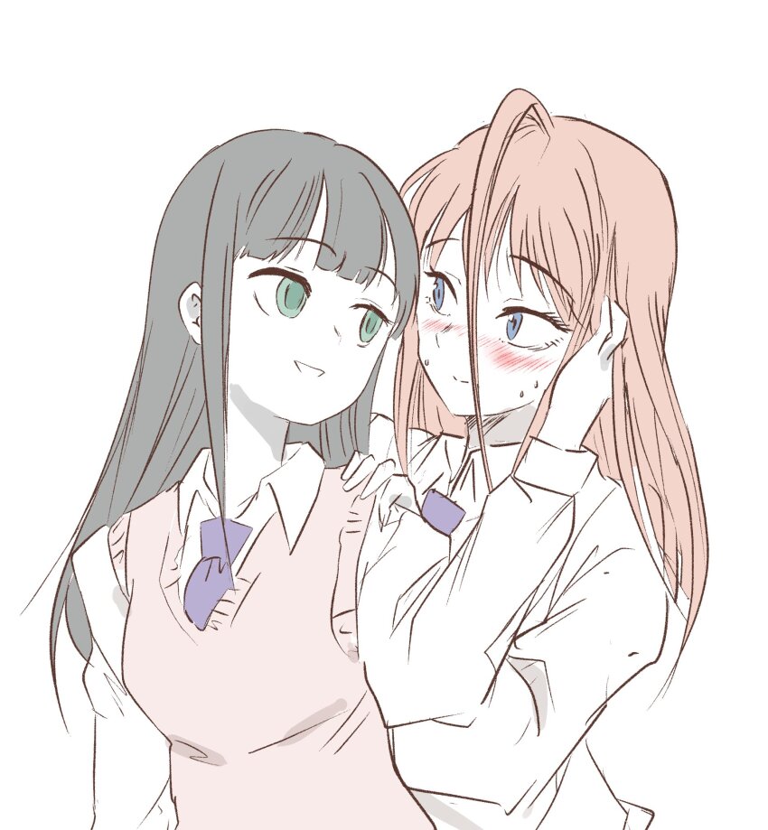 2girls, alternate_hairstyle, blonde_hair, blue_eyes, blunt_bangs, blush, breasts, cardigan_vest