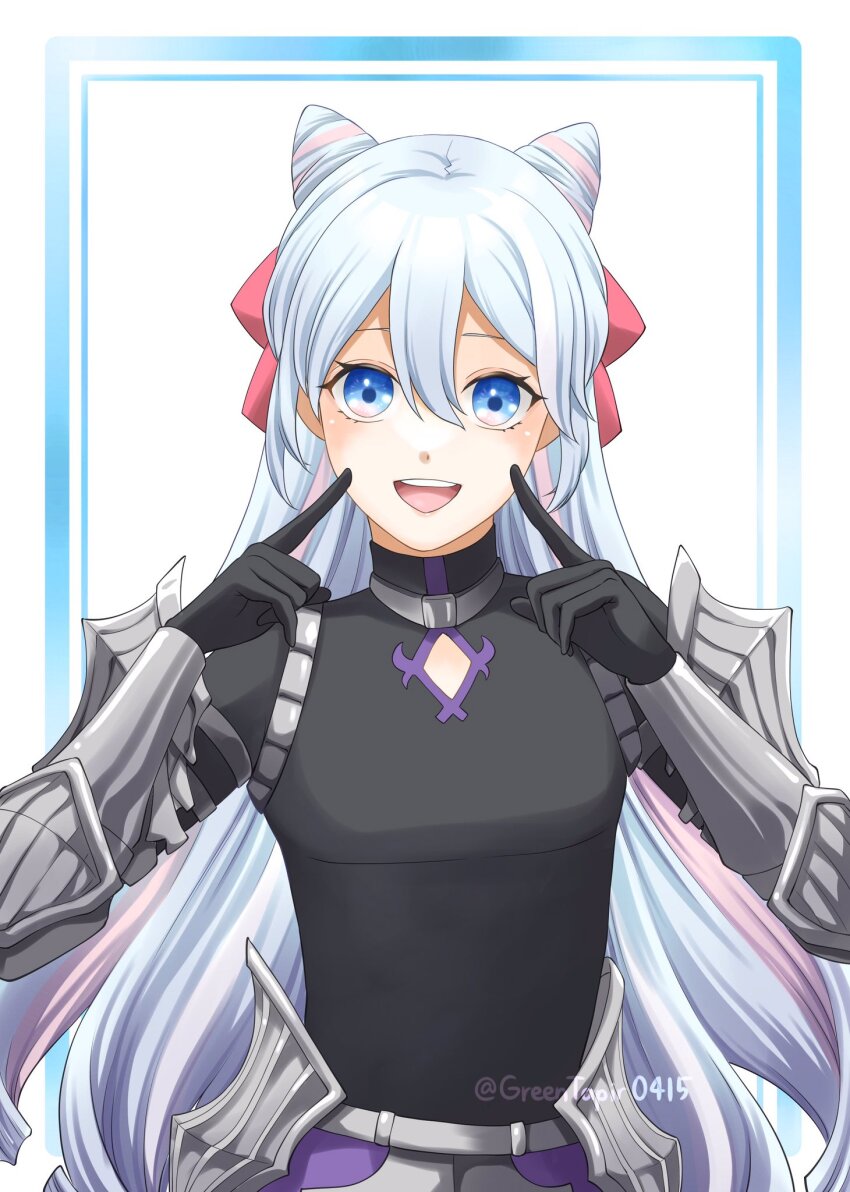 1boy, :d, armor, black_gloves, blue_eyes, fire_emblem, fire_emblem_engage, gloves, hair_between_eyes, hair_ribbon, highres, long_hair, midori_no_baku, multicolored_hair, nintendo, open_mouth, ribbon, rosado_(fire_emblem), smile, trap, two-tone_hair, very_long_hair, white_background