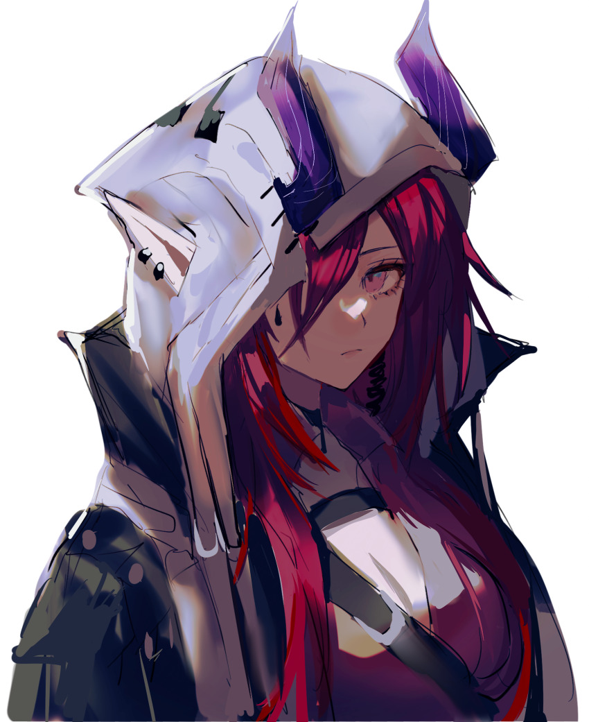 1girl, anpoai, arknights, ascalon_(arknights), black_choker, black_jacket, chinese_commentary, choker, closed_mouth, commentary_request, demon_girl, demon_horns, ear_piercing, ears_through_hood, expressionless, facial_mark, hair_over_one_eye, highres, hood, hood_up, hooded_jacket, horns, horns_through_hood, jacket, lips, looking_at_viewer, one_eye_covered, piercing, pointy_ears, purple_eyes, purple_hair, purple_shirt, shirt, simple_background, sketch, solo, teardrop_facial_mark, upper_body, white_background, white_hood