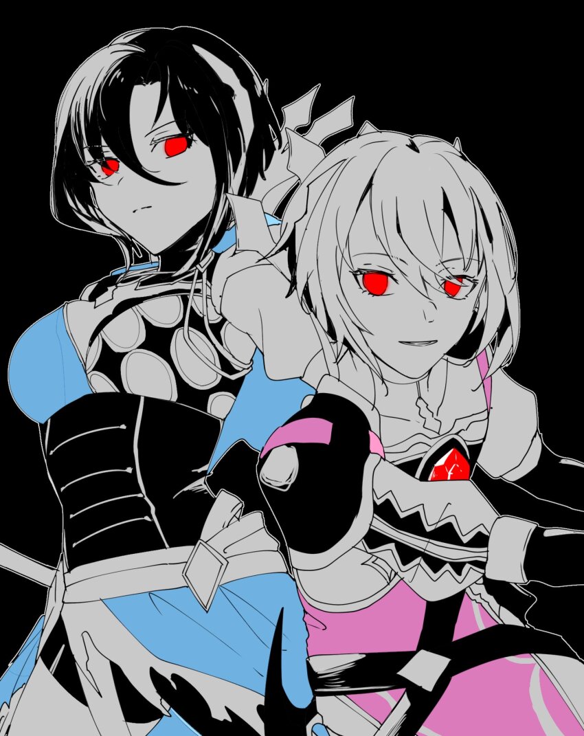 1boy, 1girl, asymmetrical_clothes, black_background, black_hair, closed_mouth, dress, fire_emblem